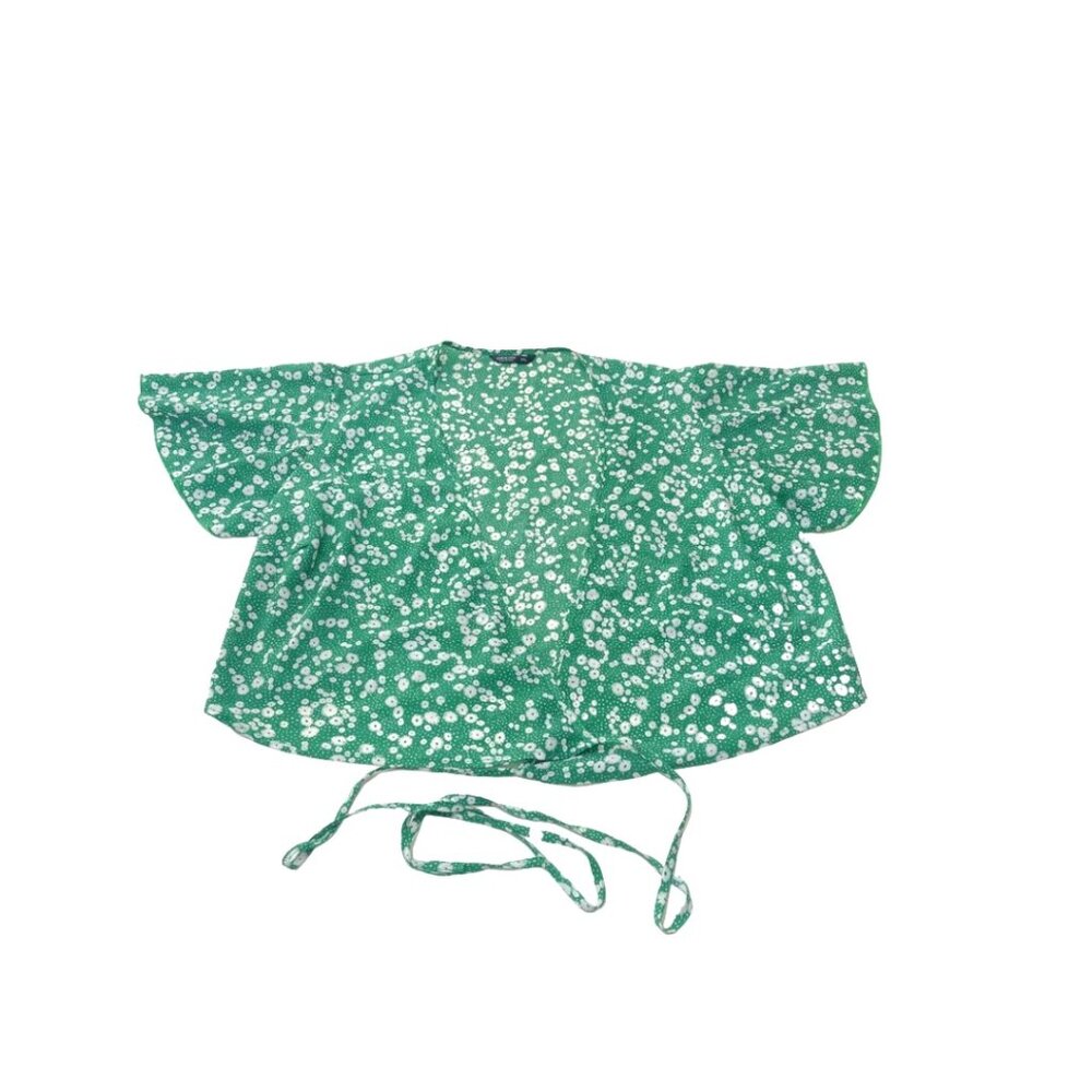 Women's Green Floral Print Tie-Front Kimono Top